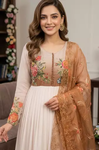 White faux georgette hand embroidery gown set