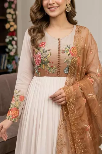 White faux georgette hand embroidery gown set