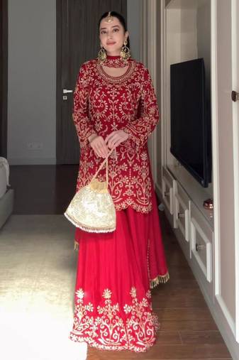 Red faux georgette thread embroidery sharara set