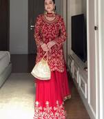 Red faux georgette thread embroidery sharara set