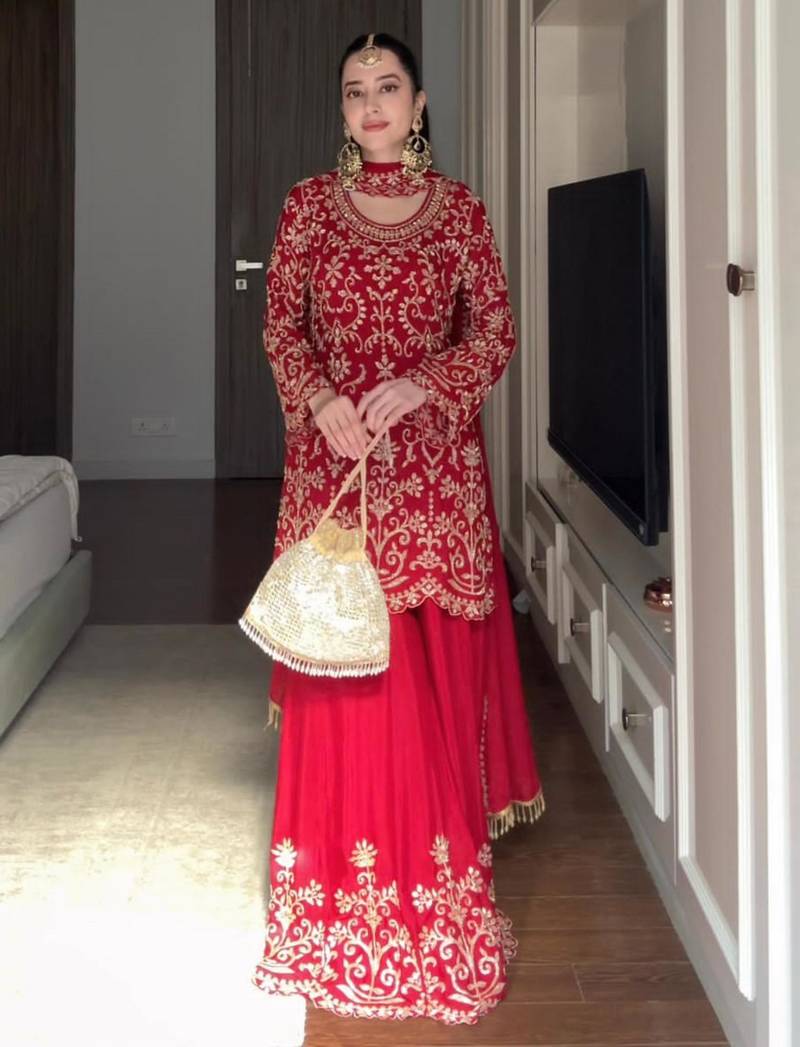Red faux georgette thread embroidery sharara set