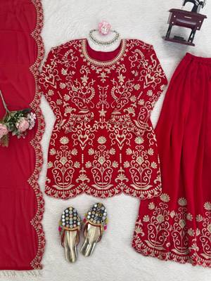 Red faux georgette thread embroidery sharara set 2