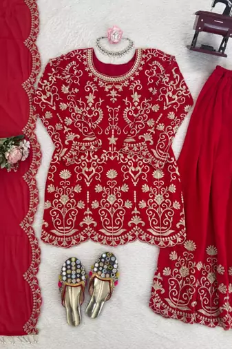Red faux georgette thread embroidery sharara set