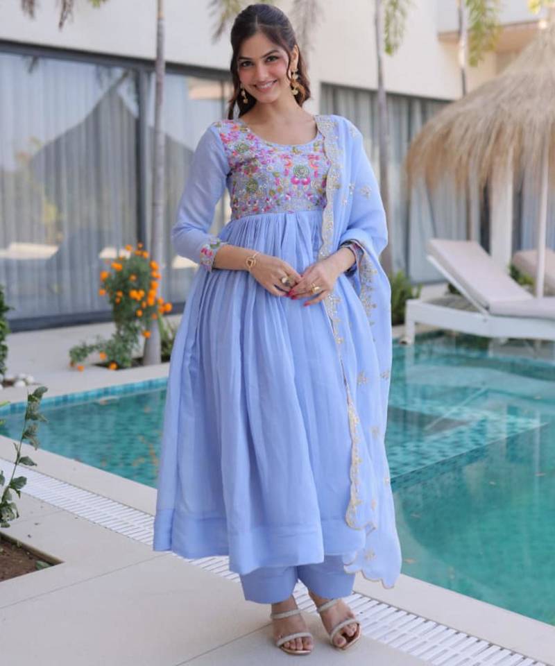 Blue chanderi  gown set