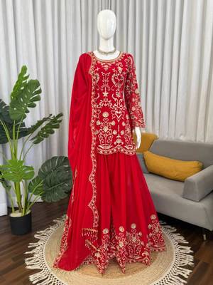 Red faux georgette thread embroidery sharara set 3