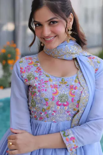 Blue chanderi  gown set
