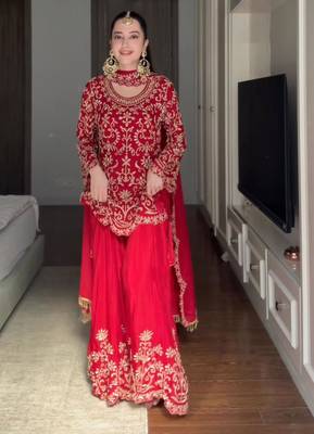 Red faux georgette thread embroidery sharara set 4