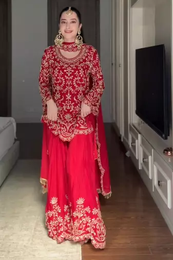 Red faux georgette thread embroidery sharara set