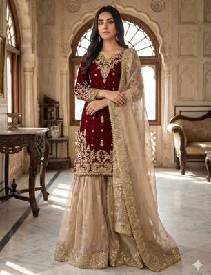 Maroon silk blend embroidered sharara set 1