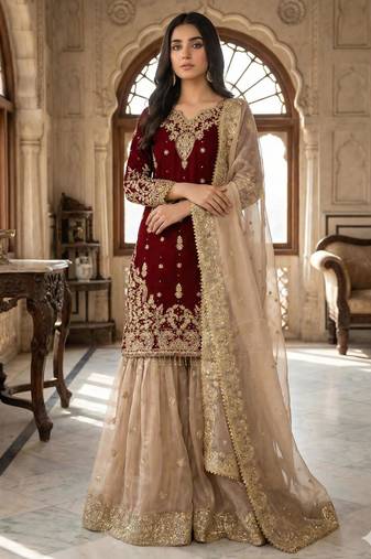 Maroon silk blend embroidered sharara set