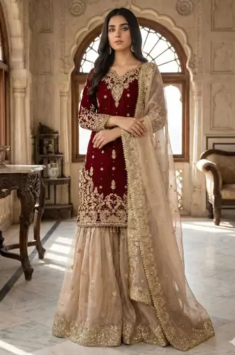 Maroon silk blend embroidered sharara set
