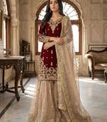 Maroon silk blend embroidered sharara set