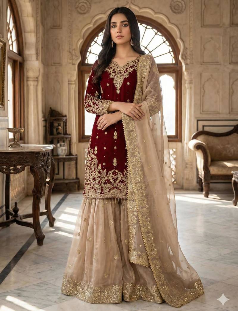 Maroon silk blend embroidered sharara set