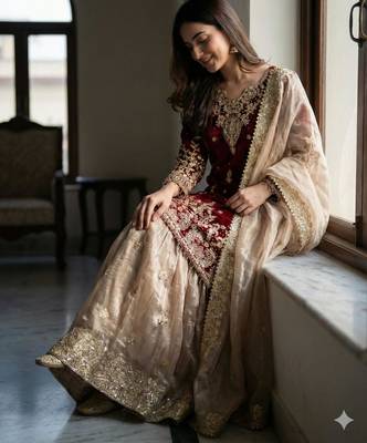 Maroon silk blend embroidered sharara set 2