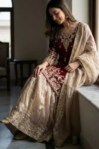 Maroon silk blend embroidered sharara set