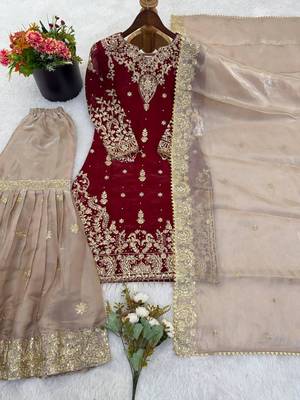 Maroon silk blend embroidered sharara set 3