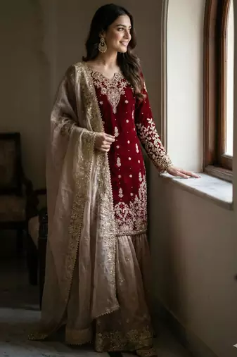 Maroon silk blend embroidered sharara set