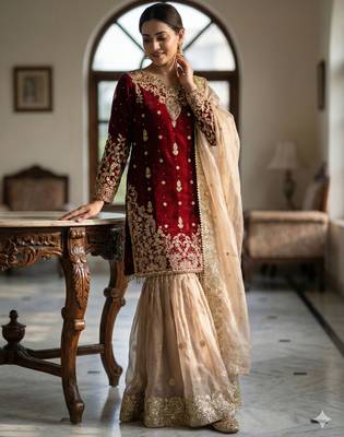 Maroon silk blend embroidered sharara set 4