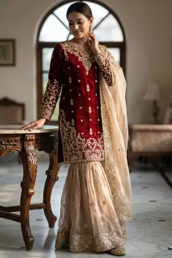 Maroon silk blend embroidered sharara set