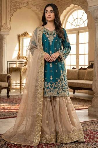 Teal-blue silk blend embroidered sharara set