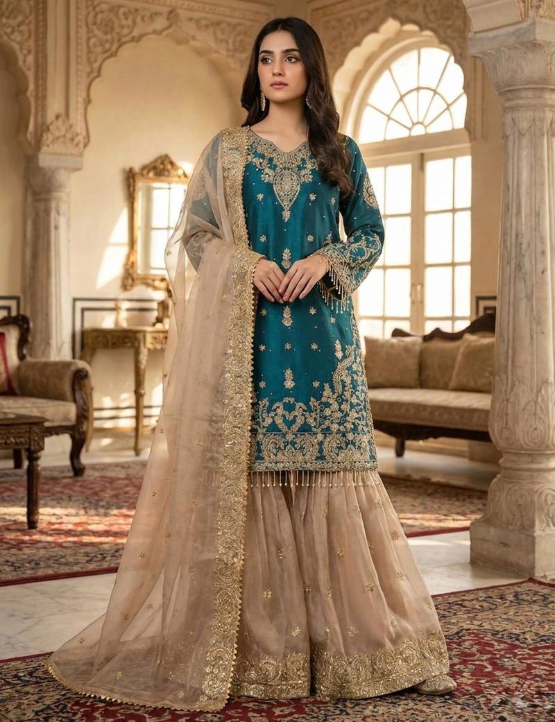 Teal-blue silk blend embroidered sharara set
