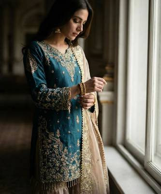 Teal-blue silk blend embroidered sharara set 2