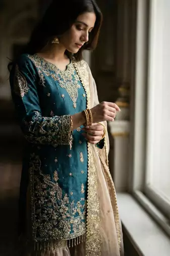 Teal-blue silk blend embroidered sharara set