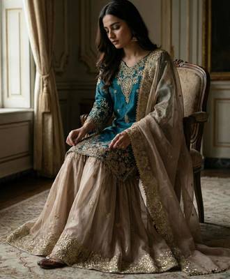 Teal-blue silk blend embroidered sharara set 3