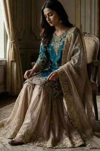 Teal-blue silk blend embroidered sharara set