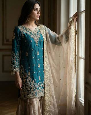 Teal-blue silk blend embroidered sharara set 4