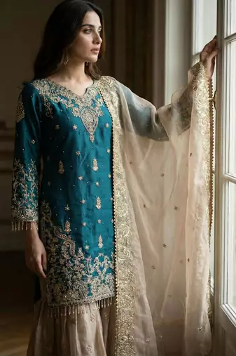 Teal-blue silk blend embroidered sharara set