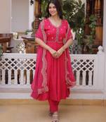 Hot-pink chanderi thread embroidery trouser set