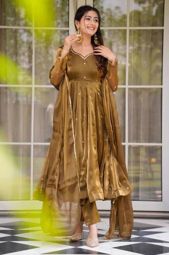 Brown silk blend thread trouser set