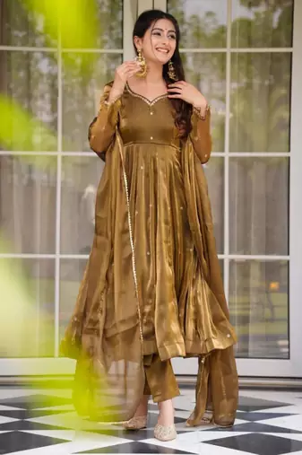 Brown silk blend thread trouser set