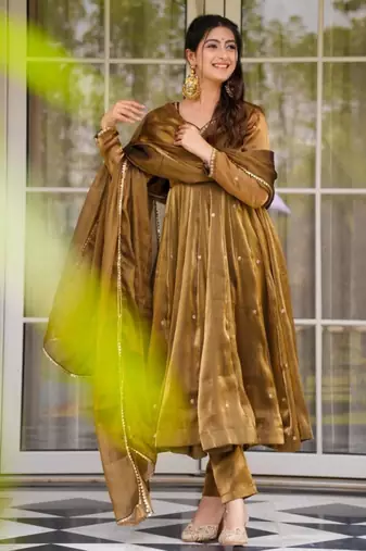 Brown silk blend thread trouser set