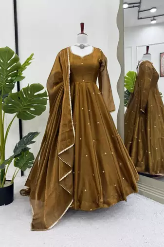 Brown silk blend thread trouser set