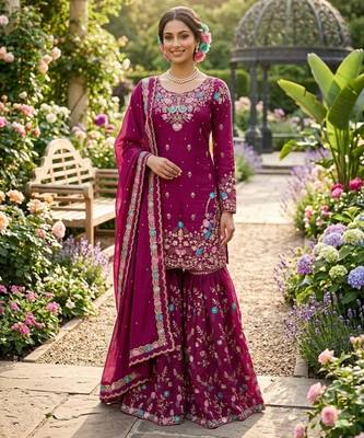 Magenta silk blend thread anarkali sharara set 1
