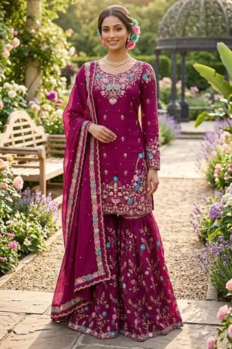 Magenta silk blend thread anarkali sharara set