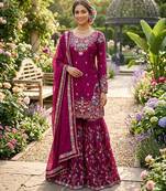 Magenta silk blend thread anarkali sharara set