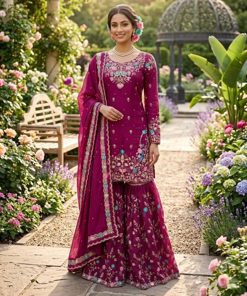Magenta silk blend thread anarkali sharara set