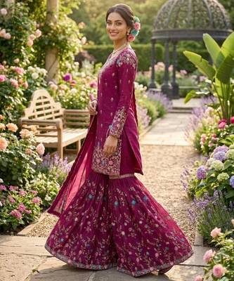 Magenta silk blend thread anarkali sharara set 2