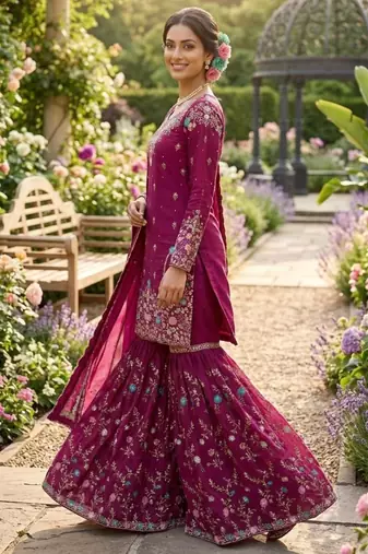 Magenta silk blend thread anarkali sharara set