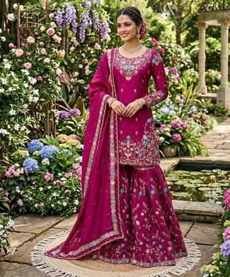 Magenta silk blend thread anarkali sharara set 3