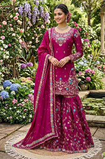 Magenta silk blend thread anarkali sharara set