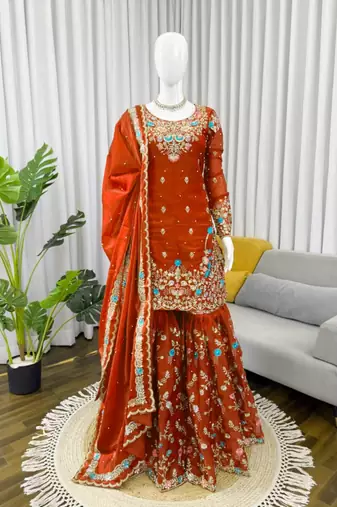 Orange silk blend thread anarkali sharara set