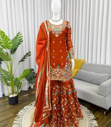 Orange silk blend thread anarkali sharara set