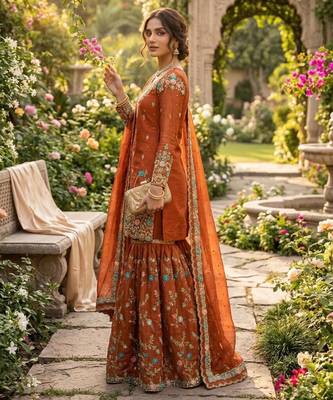 Orange silk blend thread anarkali sharara set 3
