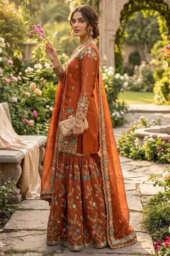 Orange silk blend thread anarkali sharara set