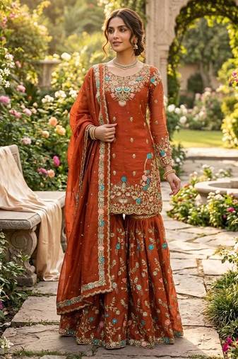 Orange silk blend thread anarkali sharara set