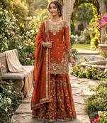Orange silk blend thread anarkali sharara set
